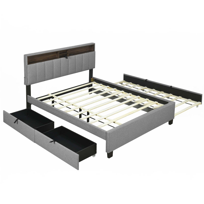 Lit plateforme tapissier avec tête de lit, Gris, Grand