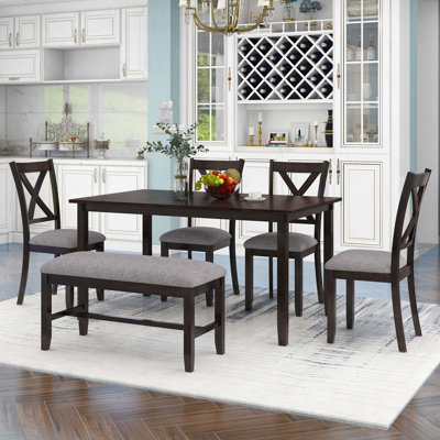 Ensemble de salle à manger 6 pièces, table rectangulaire en bois avec 4 chaises en tissu et 1 banc