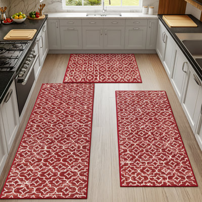 Red, Vintage-Style Kitchen Rug Set (3 Pieces), Non-Slip, Machine Washable, Suitable For Living Room, Home, And Hallway Floors. Durable And Wear-Resistant.