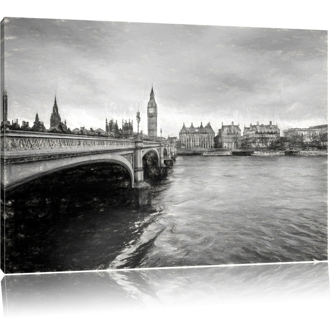 Leinwandbild Big Ben mit Brücke in London in Schwarz/Weiß