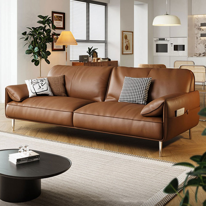 Causeuse coussin orange en cuir véritable, H 34,25 po x l 84,65 po x P 35,43 po, Orange