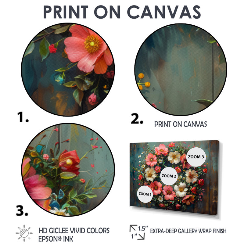 Couronne de fleurs rose et verte - décoration murale couronne, Cadre flottant brun, H 28 po x l 60 po
