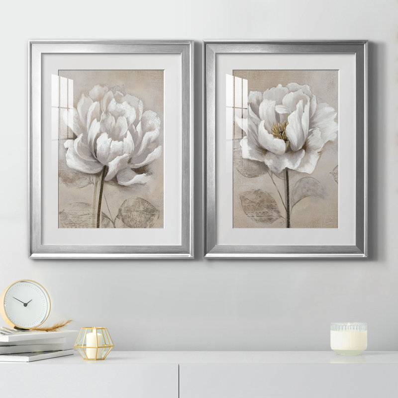 "Soft White I", ensemble de 2 reproductions d'art, Impression encadrée avec passe-partout, H 18,5 po x l 49 po, Argent argent