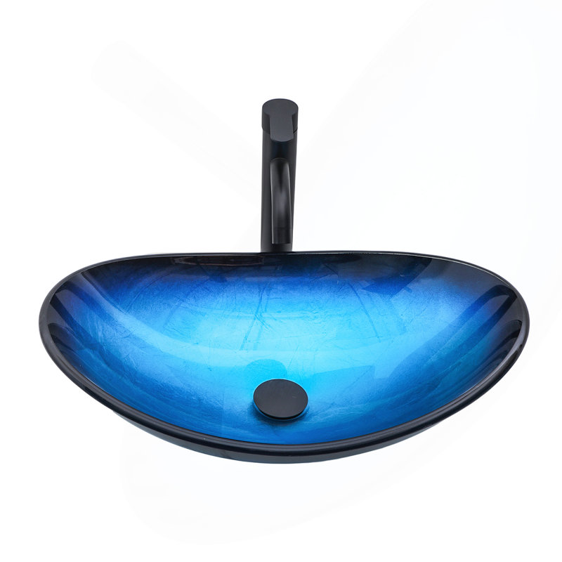 Drain escamotable d'évier de salle de bain en verre trempé bleu, évier de salle de bain en forme de bateau bleu au-dessus du comptoir (sans robinet)