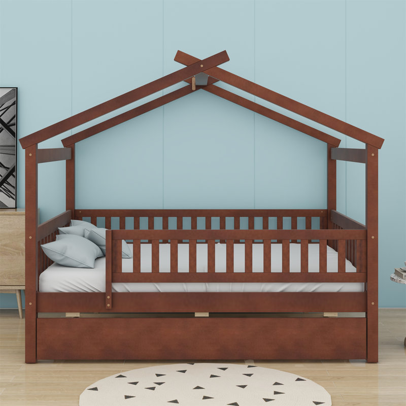 Wooden House Bed with Trundle, Walnut, Full