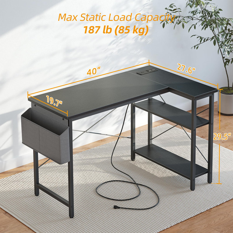 Black L-Shaped Gaming Desk with Power Outlet and USB Port