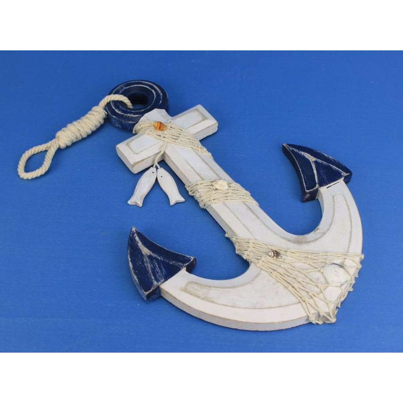 Ancre rustique avec corde à crochet et coquillages Anwen, Bleu/Blanc
