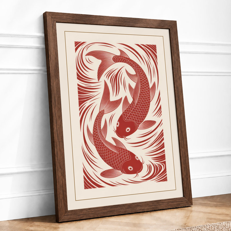 Intertwined Koi Japandi - Framed Print, A4 - 29.7 x 21.0 cm, Walnut