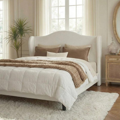 Cadre de lit Queen avec tête de lit à oreilles en velours peluche, design blanc moderne