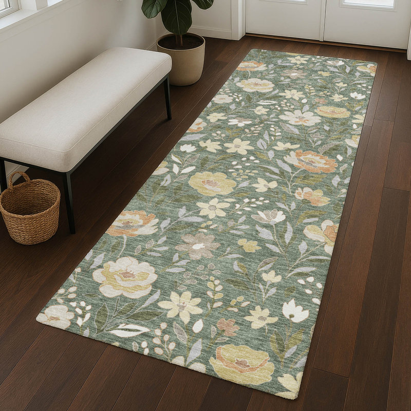 Tapis floral intérieur / extérieur lavable à la machine Chantille ACN2438, Basilic, Tapis de couloir 2 pi 3 po x 7 pi 6 po