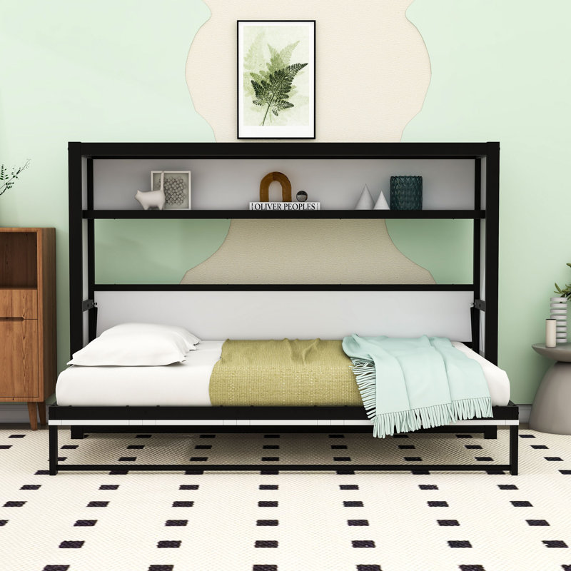 Lit escamotable simple avec tablettes intégrées, Blanc cassé
