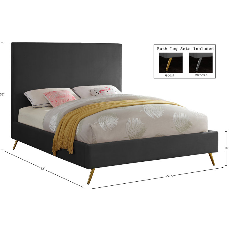 Lit plateforme tapissier Jasmine Lavaca, Double, Velours gris