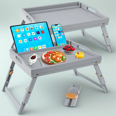 2-Pack Bamboo Bed Tray Table With Media Slot And Foldable Legs, Multi-Functional Serving Tray For Breakfast, Laptop Desk, And Snacks