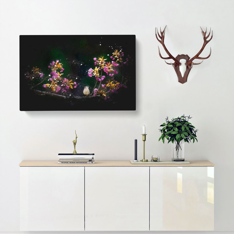 Wren Upon A Blossom Tree Branch - Wrapped Canvas Print, 50cm H x 76cm W x 3cm D