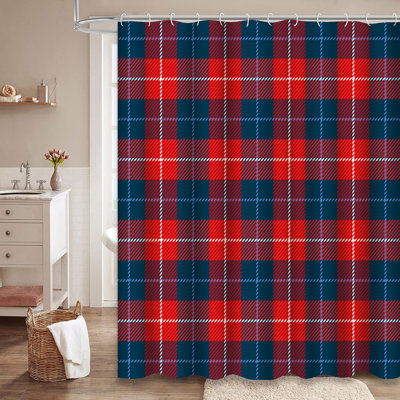 Rideau de douche tartan à carreaux bleu et rouge avec 12 crochets