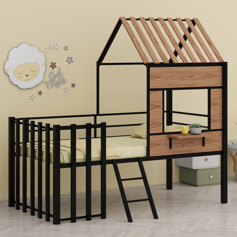 Loft Bed With Roof, Window, Guardrail,, Black