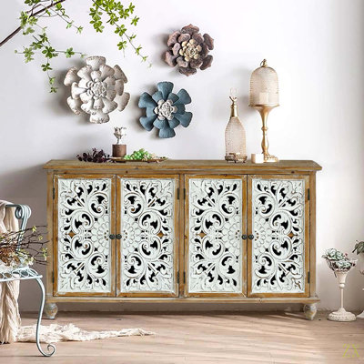 Accent Cabinet With 4 Doors, Farmhouse Sideboard Buffet Cabinet With Storage, Modern Cenza Storage Cabinet With Wood Carved Floral Doors For Living Room, Dining Room, Entryway, Hallway, Kitchen