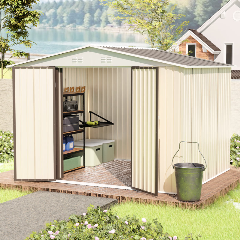 Remise de jardin 10 pi x 8 pi blanc crème en aluminium, porte à charnière et deux points de ventilation pour cadre en alliage d'aluminium, blanc, outils
