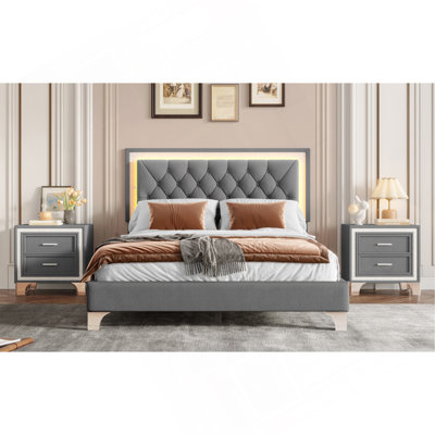 3-Pieces Bedroom Sets,Queen Size Upholstered Platform Bed With LED Lights And Two Nightstands by Wrought Studio