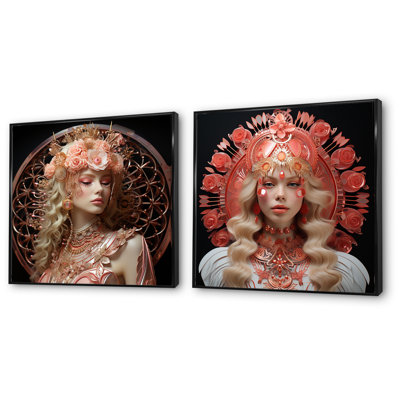 «Rosegold Woman Glam Circles Portrait I», ensemble de salon art mural glamour