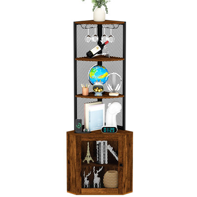 Rustic Brown 65" Corner Shelf With Doors, 6 Tier Storage Shelves & Stable Base, For Bedroom, Kitchen Cabinet Wine Glass Rack, Freestanding Shelf, Appeal Balcony, Office