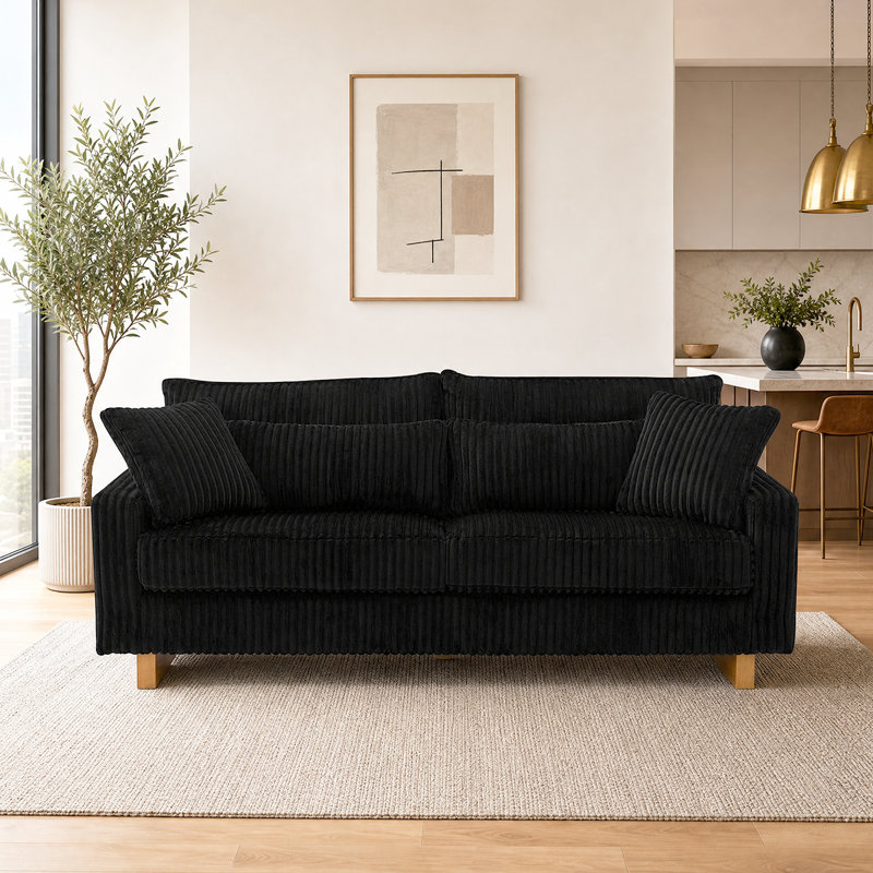 Canapé confortable en velours côtelé - Causeuse moderne avec coussins lombaires et carrés, Black