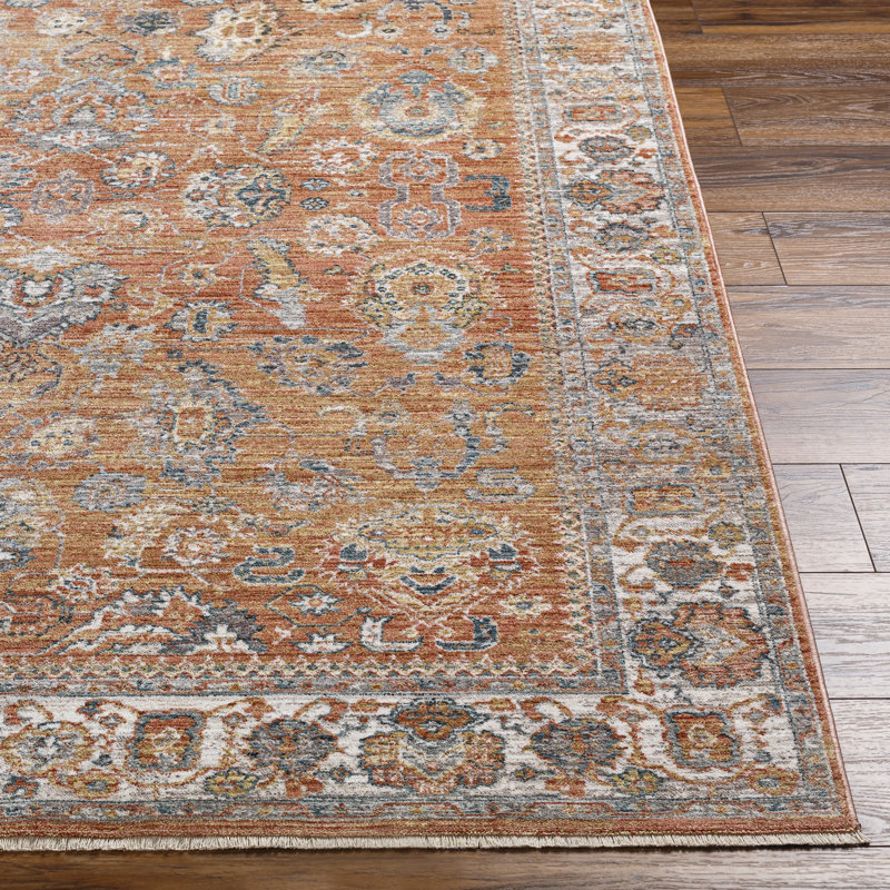 Tapis oriental en polyester tissé à la machine en rouille / orange, Rectangle 8 pi 10 po x 12 pi 6 po