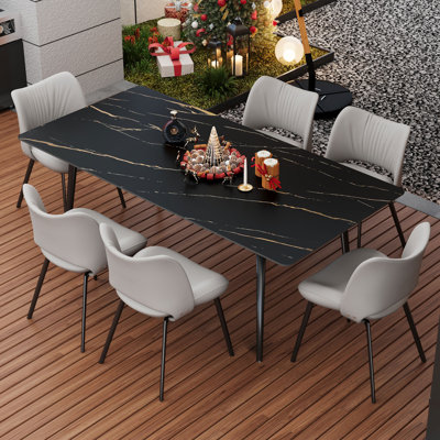70.8in Rectangular Outdoor Marble Dining Table, Black Dining Table, Table And Chair Set.