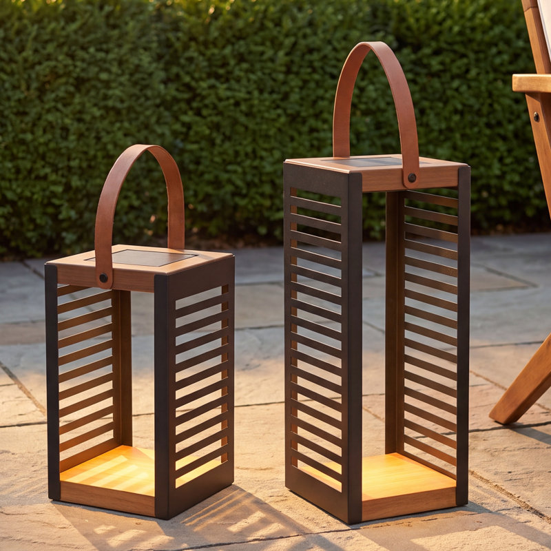 2-Piece Solar Outdoor Lantern Set, Metal Frame Decorative Lights with Carrying Handles for Patio