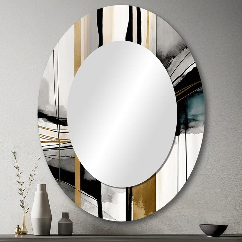Abstract Transitional Modern Shapes II - Black Bold & Eclectic Modern Oval Wall Mirror, 43" x 33"