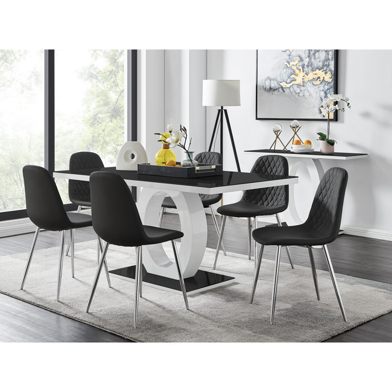 Scottsmoor Modern High Gloss Halo 6 Seater Dining Table Set with Luxury Faux Leather Dining Chairs, 7 Pieces: Table, 6 Chairs