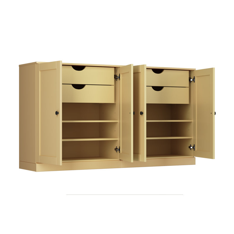Buffet 100% bois massif 64 po avec portes Shaker, 4 tiroirs et tablettes réglables, Jaune