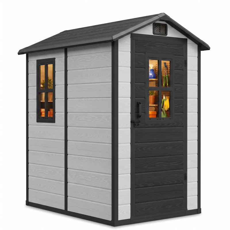Remise de rangement d'extérieur en résine 4,4 pi x 6,2 pi avec plancher et évents Edrosie Inc, Black and Grey