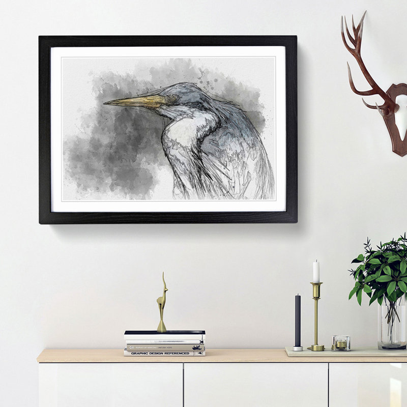 Pied Heron - Picture Frame Graphic Art Print, 27cm H x 36cm W x 2cm D, Black Framed