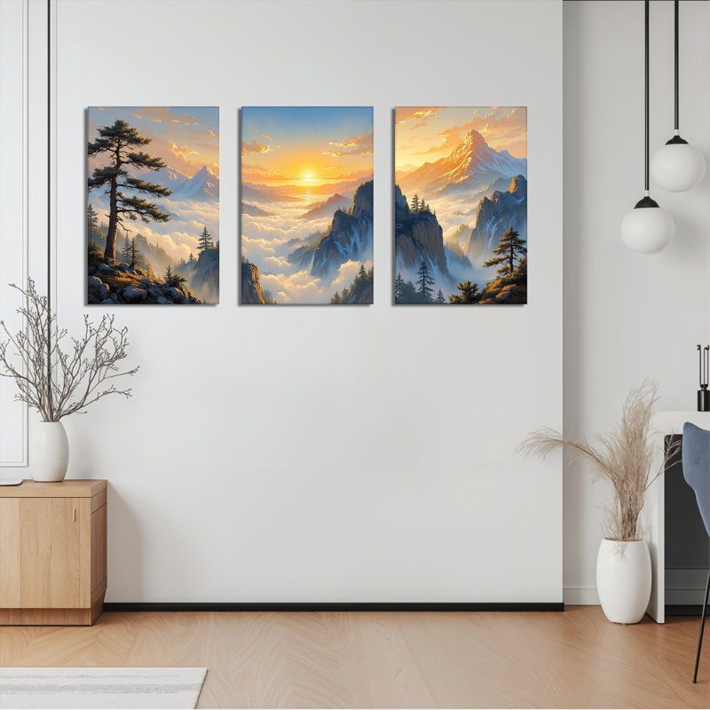 Tableau sur toile tendue représentant un coucher de soleil sur un paysage de montagne (ensemble de 3), H 24 po x l 48 po
