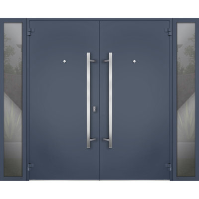 Façade avant extérieure portes doubles en métal / deux avec insert en acier inoxydable gris graphite 0729/2 fenêtres extérieures avec panneaux latéraux / porte d'entrée moderne peinte à droite 96 po x 80 po