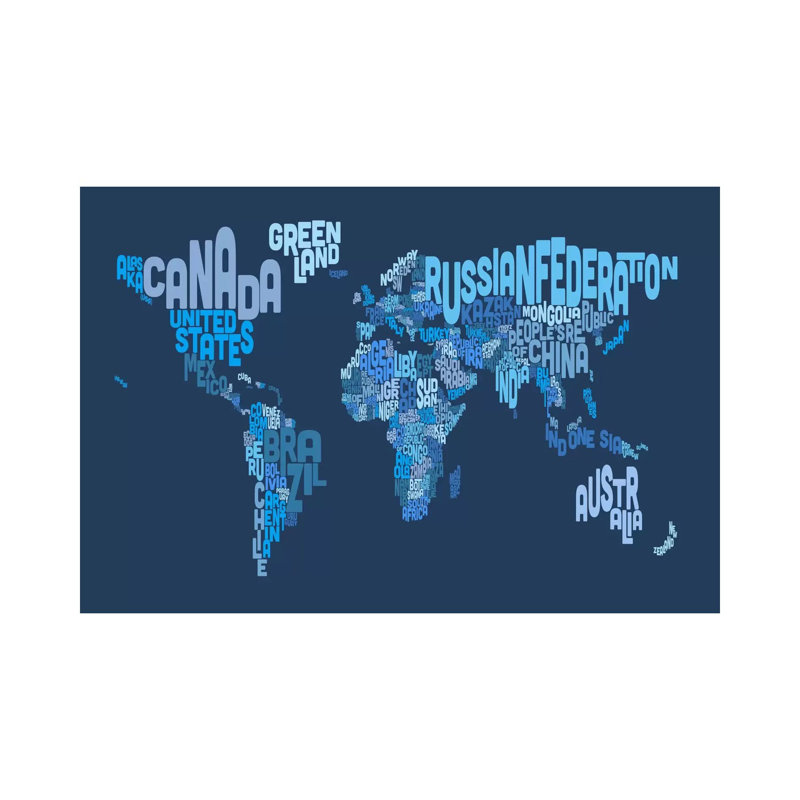 Typographic Text World Map IV (Blue) by Michael Tompsett - Wrapped Canvas Print, 101.6 cm H x 66.04 cm W x 1.91 cm D