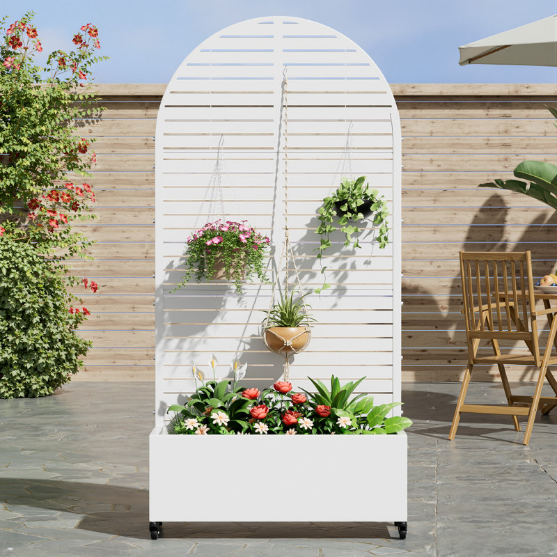 Boîte à fleurs en métal avec treillis et roues Arch, H 72 po x l 35 po x P 16 po, White