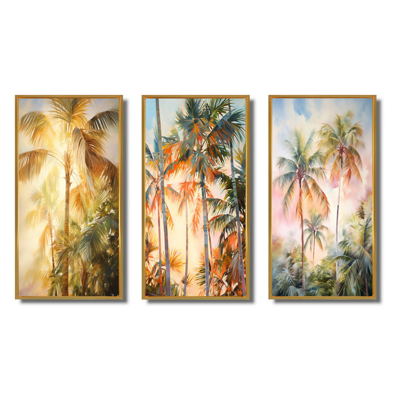 «Palm Trees Romantic Impression», 3 pièces sur toile, Cadre naturel flottant, H 40 po x l 60 po