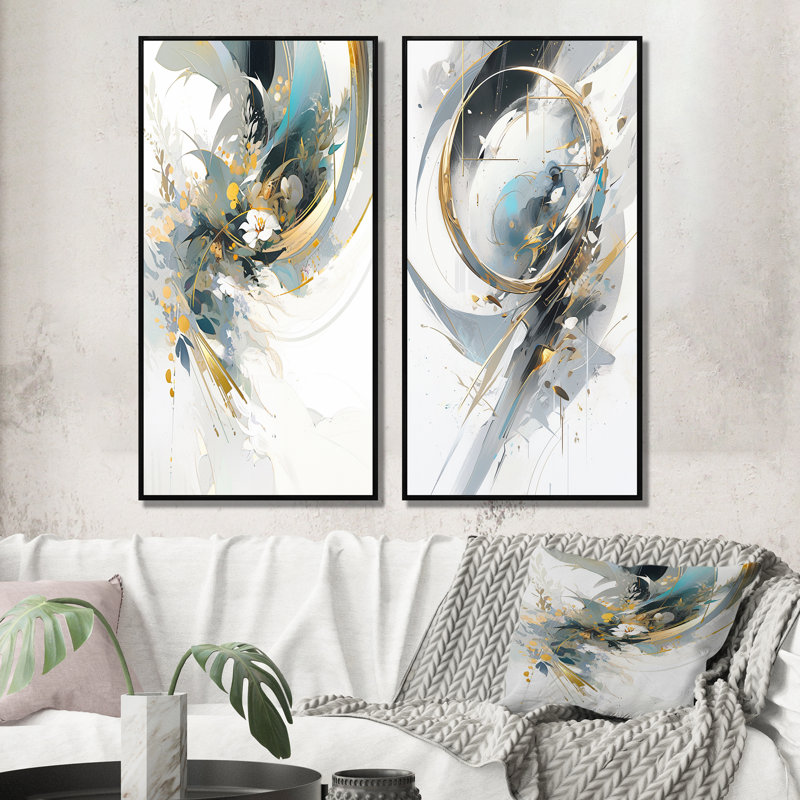 «Turquoise and Gold Mosaic Echoes», 2 pièces, Cadre noir, H 32 po x l 32 po