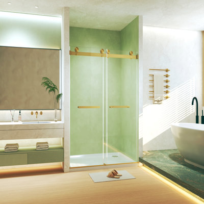 Porte de douche coulissante double sans cadre l 44 à 48 po x H 74 po, verre trempé de 5/16 po (8 mm), film antidéflagrant, poignée en acier inoxydable, rail tubulaire carré