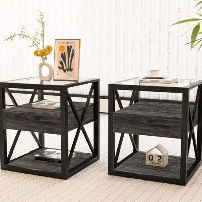 Table d'appoint moderne 2 pièces avec tiroir, table de chevet pour chambre et salon, grain de bois rustique et plateau en verre trempé, résistant aux rayures, design compact, style industriel.
