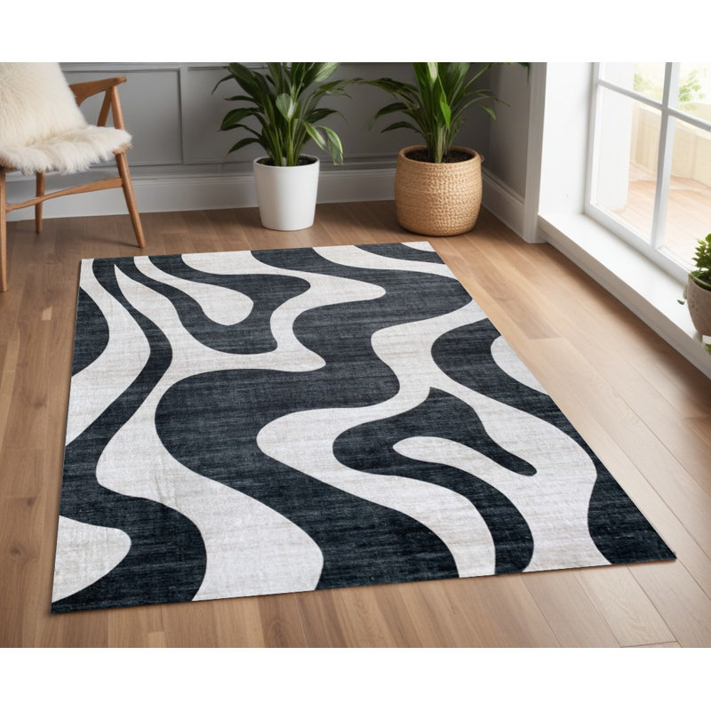 Tapis noir et blanc à motif zébré 4 pi x 6 pi