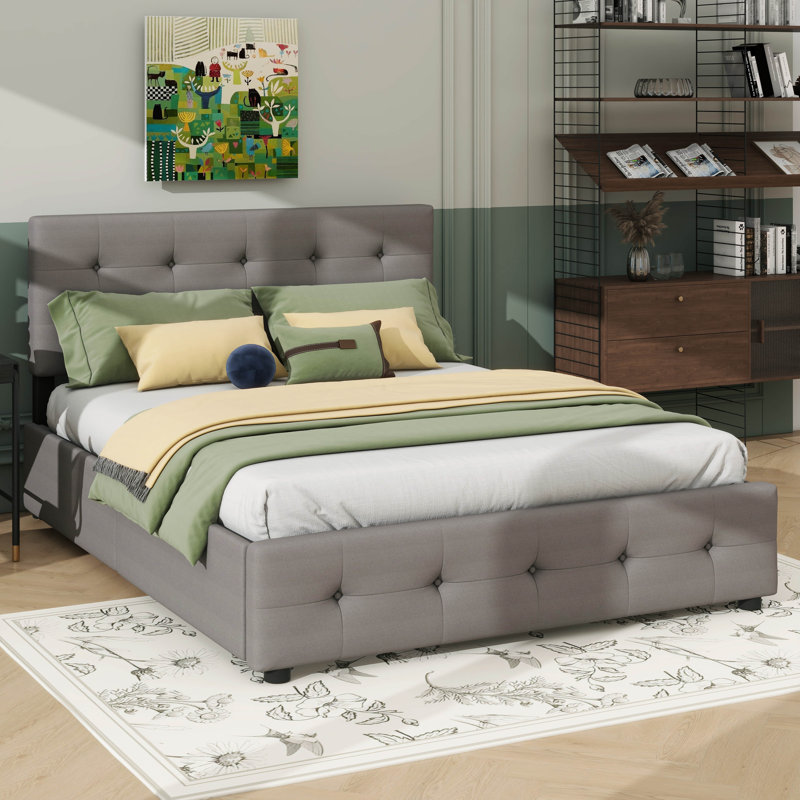 Grand lit plateforme tapissier avec 2 tiroirs et un lit gigogne supplémentaire, Gris clair