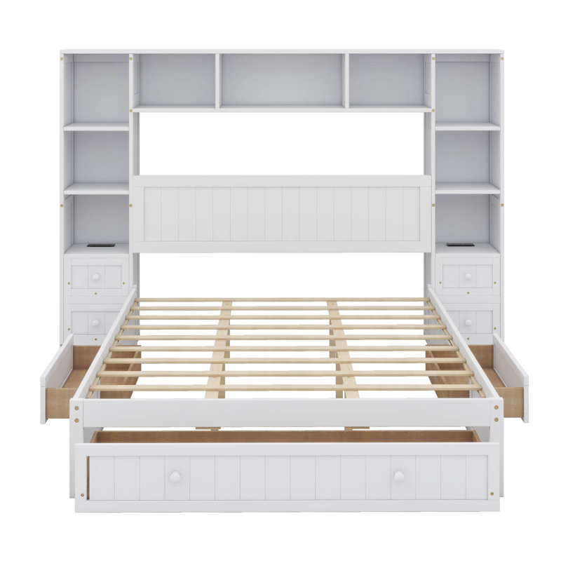 Lit plateforme avec 2 tables de chevet intégrées, tablette de rangement, armoire et bibliothèque, Grand