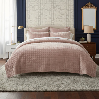 Luxurious Rose Pink Velvet Quilted Bedding Set, Available In Single/king Size, Includes 1 Pillowcase, Ultra-soft Duvet Cover + Lightweight Checkered Oversized Bedspread. Suitable For All Seasons, Providing A Comfortable And Luxurious Sleep Experience.