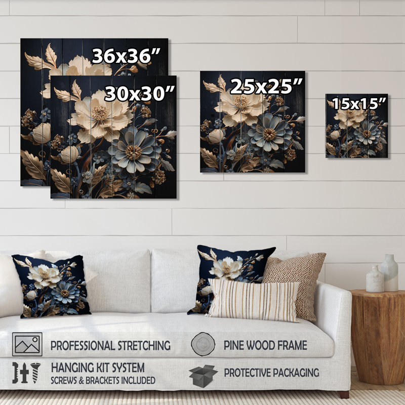 Impression moderne sur bleu et blanc avec fleurs de bleuet blanc - Bois de pin naturel, H 36 po x l 36 po