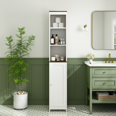 Armoire de rangement haute pour salle de bain avec porte réversible, tour à linge autoportante avec tablettes ouvertes et armoire fermée, armoire de rangement étroite pour salle de bain, salle de lavage ou petits espaces - blanc