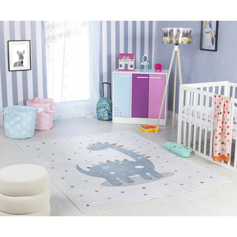 Reagyn Kids Machine Washable Beige Grey Bedroom Area Rug, Rectangle 80 x 150cm