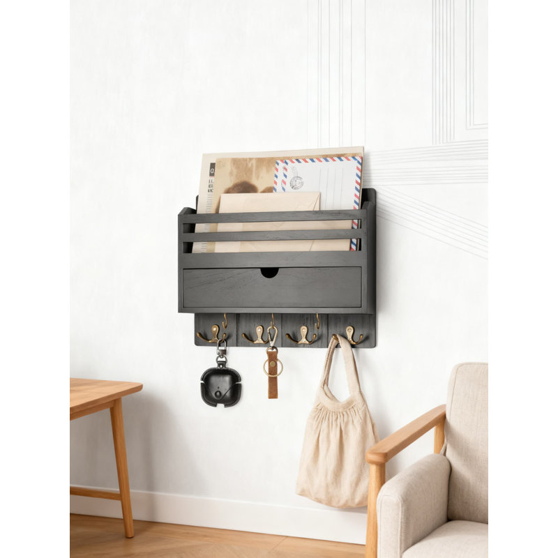 Porte-courrier mural et porte-clés avec tiroir de rangement, organisateur de hall d'entrée en bois avec 7 crochets pour clés, courrier et petits objets, décoration élégante pour la maison et le bureau
